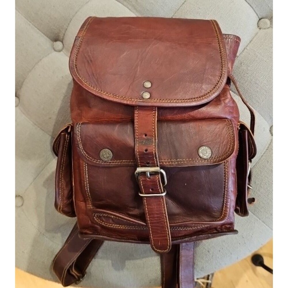 Rustic Genuine Leather Rucksack Backpack Oklahoma Seal Concho Snaps Brown